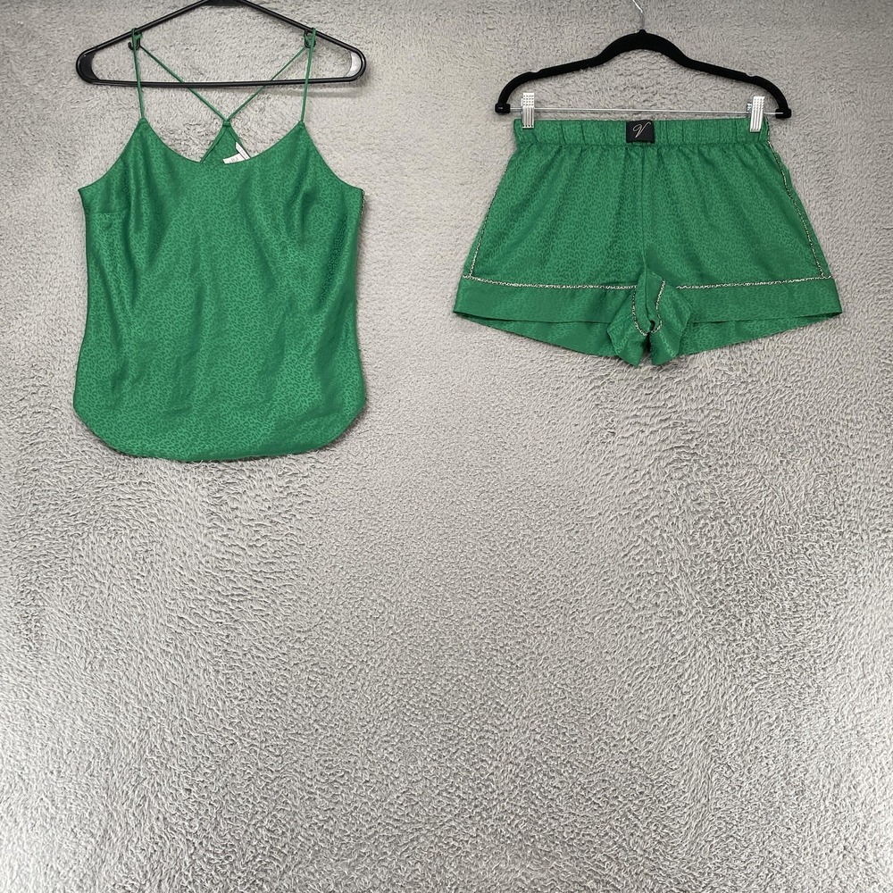 Victoria's Secret Pajama Set Womens Small Green Satin Animal Cami Shorts Lounge